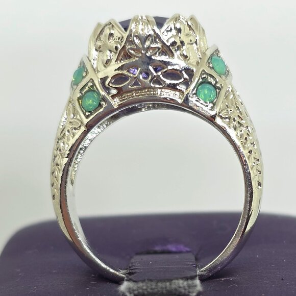 Faux Purple Amethyst Green Opal Filigree Silver Cocktail Ring Marked 925 SZ 7.25 - Picture 8 of 13